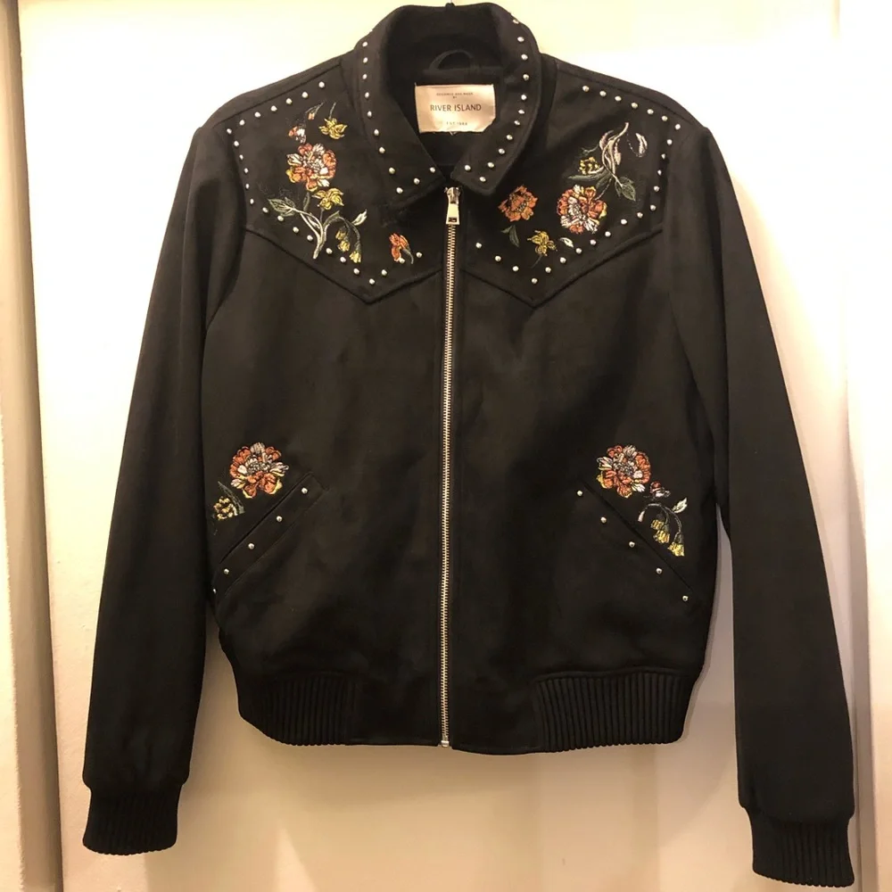 River Island embroidered suedette bomber jacket - Picture 1 of 13